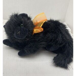 Ty Classic Moonstruck Black Cat Kitten Plush Green Eyes Orange Bow Furry 11"